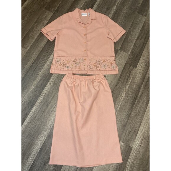 Vtg Alfred Dunner Women’s 2 Piece Set 10 Top And Skirt Pink Embroidered Floral - Picture 1 of 11
